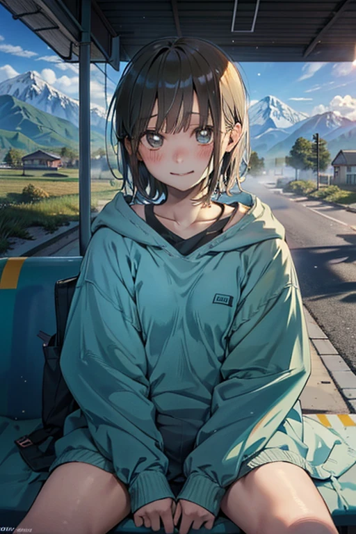 Blue Box　Chinatsu Shikano
((best quality)), ((masterpiece)), (detailed), 1girl, sexly, ChinatsuKano, 
Realistic pubic hair,　High amount of pubic hair,　Thick pubic hair,
see-through silhouette, embarrassed, seductive smile, drunken eyes,
Roadside in the countryside,In the mountains,Unpopular place,Rusty bus stop,Shade,Fresh morning air,Soft sunlight,I can see the mountains,cumulonimbus,
(from above:1.2),((close up head)), straddling, spread legs, knees away,