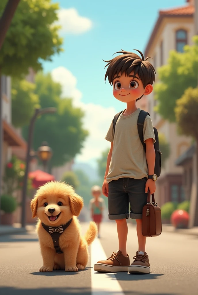 A detailed scene featuring a young boy around , with his loyal dog. The boy has short, slightly messy dark brown hair and large, expressive eyes with a thoughtful yet determined expression. He wears slightly wrinkled t-shirt, black knee-length shorts, and brown sneakers. On his wrist is a simple watch, and he carries a small leather bag in his left hand. The boy's dog is a medium-sized, fluffy golden-brown dog with a cheerful demeanor, wearing a harness with a small bow tie on its neck. The background adding depth and liveliness to the scene, but the focus remains on the boy and his dog. with grandmother in the middle of the road