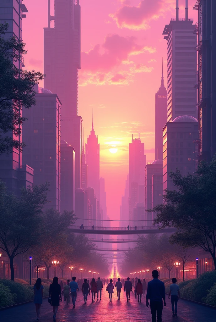 .make cities and human settlements inclusives, safe, resilient and sustainable in a purple and pink sunlight