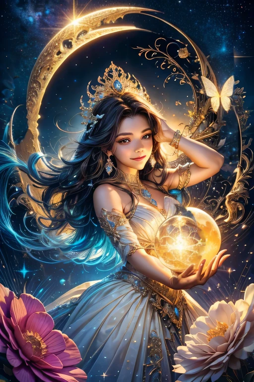 A light orb with magician circle around the orb, hand, many shining butterfly, beautiful smile, sparkle sky, shining, gust of wind, light bright flowers, sun and moon, dark light of fantastic and cosmological with universal. Amazing view very bright and warm starry. Detail, HD, Enchanted. Multiple colours. Beautiful perfect face and anatomy. Amazing bright dress. Very epic and bright, best pose. A goddess. Golden shining accessories. Cute. Sky half bright, half starry dark