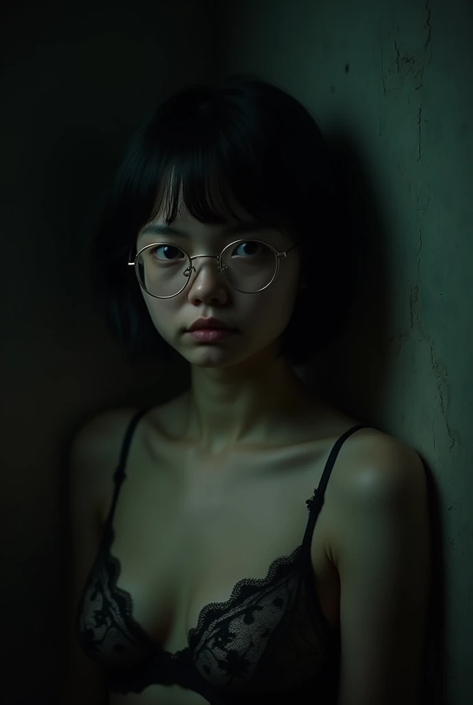 (raw photos, best quality), (realistic, photo-realistic:1.2), 1 girl, High quality, (Highly detailed skin:1.4), Bags under the eyes, glasses, Beautiful hair,  (dark room:1.3), (By the light:1.3), (The light is dim.:1.3), (dark night:1.3), In the building, Portrait, black hair, dark background, short hair,  Lace bra