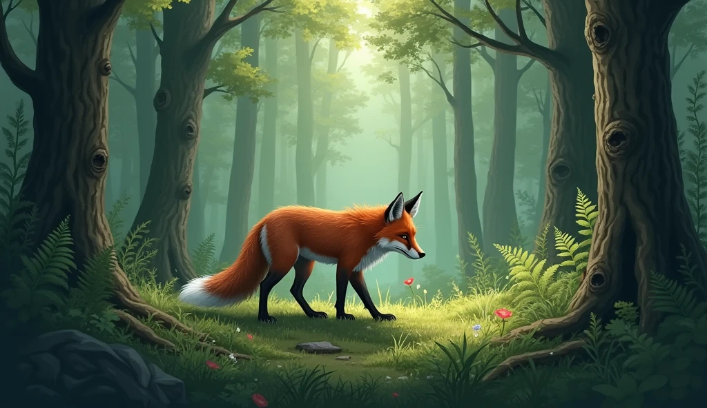 A fox walking in the forest: The fox is again wandering in the forest, but this time he is depressed and lost in thought.