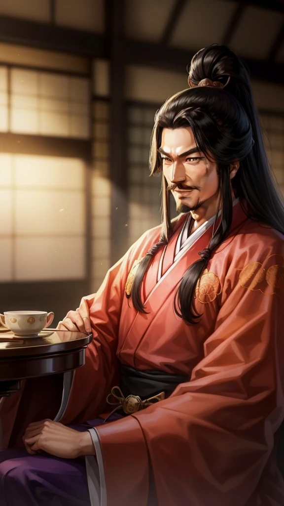 「The interior of a luxurious Japanese-style mansion、Oda Nobunaga enjoying a lavish banquet with his mistresses。Nobunaga is sitting smiling in a gorgeous kimono.。The lovers wear beautiful traditional Japanese clothing.、He is having a pleasant conversation with Nobunaga in front of a table filled with sumptuous food.。In the background is a luxuriously decorated Japanese-style room.。」