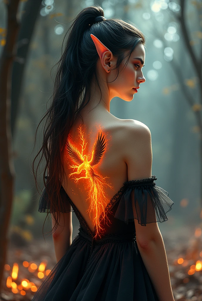 a watercolor art, fantasy art, goth art, of a tattoo on the back of a female elf, a glowing tattoo of a ((phoenix: 1.3)) on the elf's back, the ((phoenix tattoo)) is vivid, intricate detailed coming to life from the ink to real life, ((fire surrounds the phoenix: 1.5)), shoot taken from the back, ((the back is visible: 1.3), a most beautiful elf, exquisite beauty, small pointed ears, long hair, she wears a transparent black dress, the dress is elegant, flowing, elven style, that the tattoos glow, dynamic hair color, dynamic hair style, cinematic light, High Detail, Ultra High Quality, High Resolution, 16K Resolution, Ultra HD Pictures, 3D rendering Ultra Realistic, Clear Details, Realistic Detail, Ultra High Definition,Comistyle, FireWorld