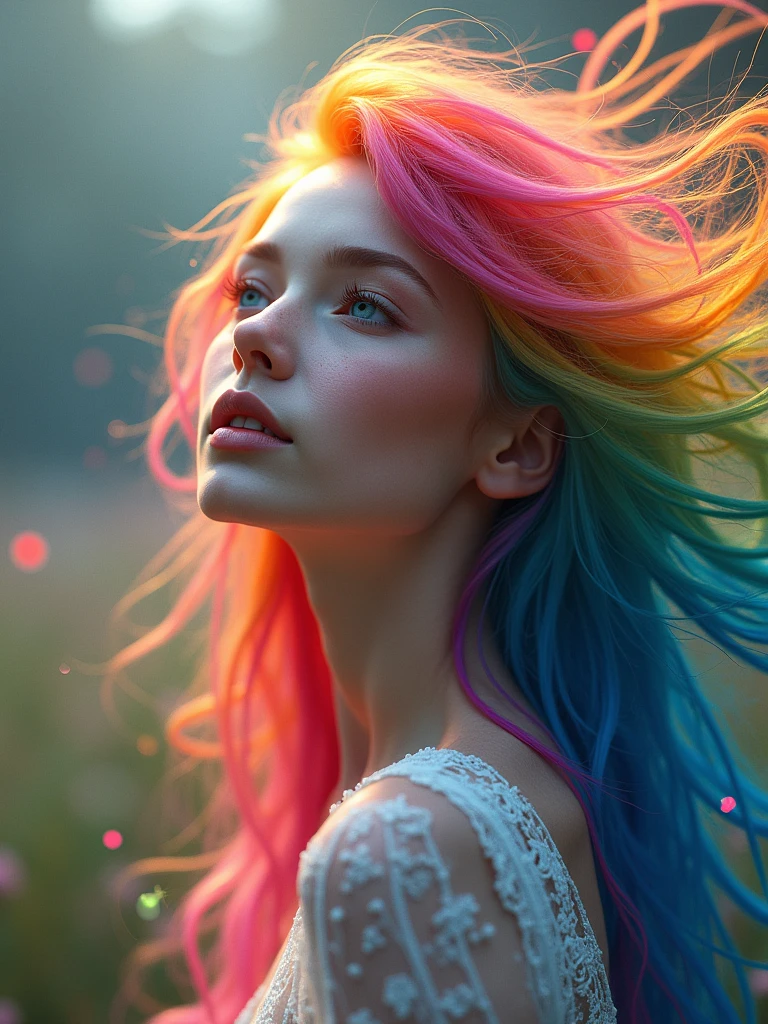 (masterpiece), best quality, ultra-detailed, 1024k UHD wallpaper, ultra-high resolution, depth of field, HDR, Ray tracing, RTX, high saturation, high contrast, photon mapping, best texture quality, best compotitions, (extremely detailed CG 1024k wallpaper), High Details, Ultra HD Photo, Perfect Face, Cinematic photo Close Up, (Rainbow), by yoshitaka amano, by agnes cecile, dreamy, mystical, romantic art, artistic photo, positivist art, gorgeus triadic colorful scheme, atmospheric, Colorful Rainbow, rainbow Hair, Rainbow Particles,