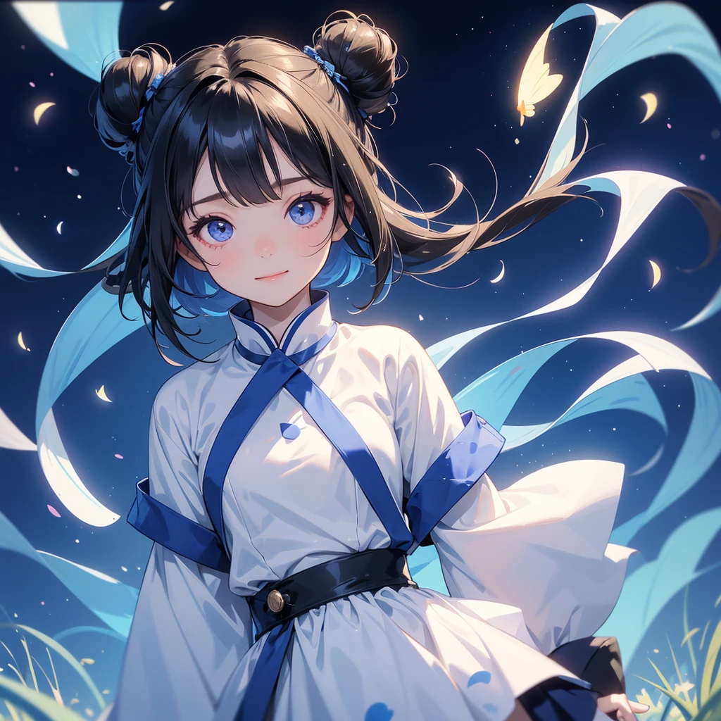 A chibi child girl had a small face and Wearing white little Taoist priest's outfit. A pair of big round eyes shone with curiosity about him. This child was so cute! ,her hair is black with two buns on her hair.small chibi, chibi baby, smiling,The little chibi baby looked up with his chest raised, and his face was old and proud.
Strolling among the nemophila fields Glowing blue.