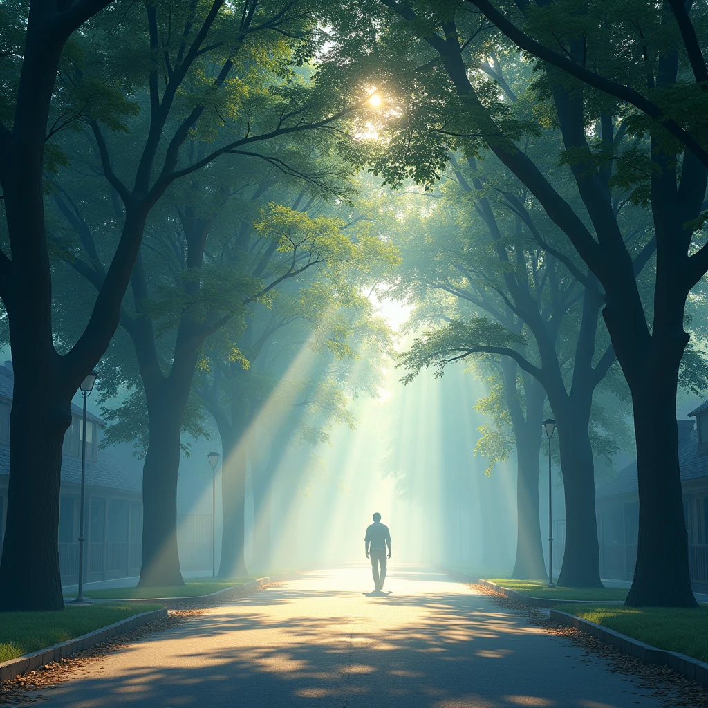 ((masterpiece, best quality, Best image quality, high resolution, realistic, RAW photos, 8k)), ((Highly detailed CG integrated 8k wallpaper)), A tree-lined street with sunlight streaming through the trees, The last scene of a romantic movie, Blue leaves and white light, A walk in the morning fog,