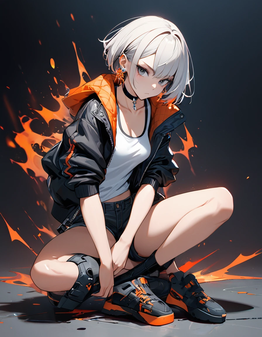 1girl, best quality, beautiful, badass, short hair, 8K, expressionless, full body, sitting cross-legged, head tilt look view, slim, jacket, tanktop inside, hot pants,earrings, choker, dynamic pose, concept, full color