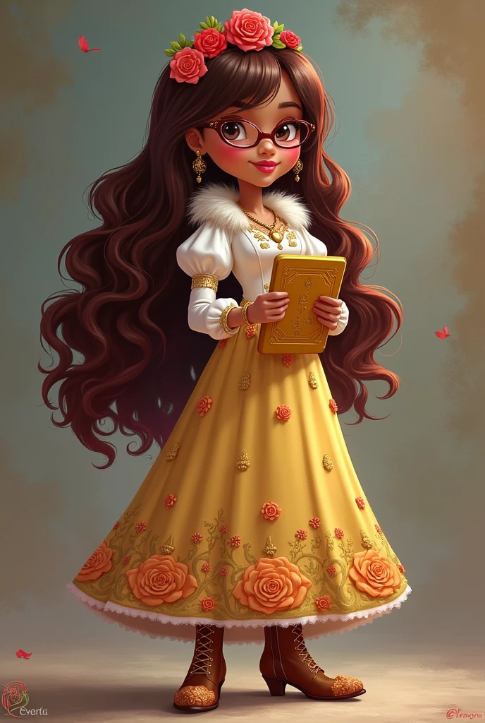 Imagem da filha da Ramona Badwof e da Rosabella Beauty de Ever After High: You must have long, curly brown hair with bangs and red highlights., Light brown skin, brown glasses with a red rose, long white blouse with roses, golden skirt with golden roses, a faux fur collar around the neck, brown heeled boots with roses, golden flower tiara on the head and a yellow tablet with a red rose on the arms and a golden wolf pendant