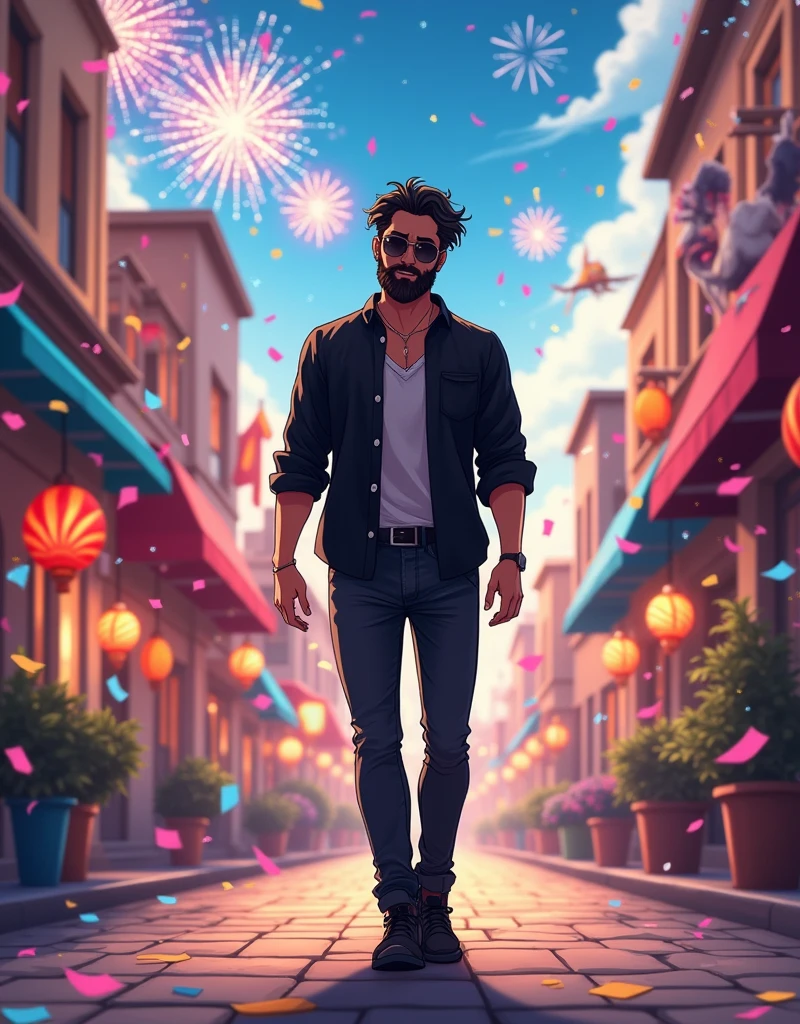 Create a anime style landscape image. Vibrant and dynamic image featuring a man walking confidently down a festive street. The man has a fair skin tone, a full beard, and dark, wavy hair. He is wearing a black shirt and black jeans pant, black shoes, black sunglass. The background is filled with colorful confetti and fireworks, creating a celebratory atmosphere. The street is illuminated with bright lights, and there are buildings and decorations visible on both sides. The overall scene is lively and energetic, capturing a moment of joy and celebration. 4k, UHD, ULTRA HIGH QUALITY.