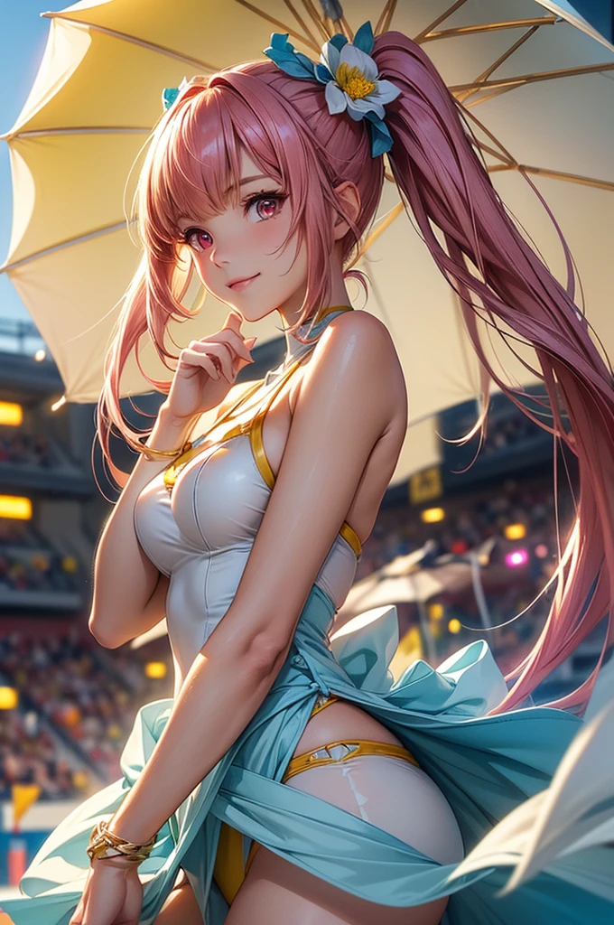 ((best quality, ultra-detailed, high resolution, extremely detailed CG, super detailed, direct light, Most beautiful clean lighting)), 1 girl, beautiful girl, cute girl and idol face, young face, smile, Beautiful long pink hair, twintails, Beautiful shining red eyes, white skin, slender, Short body, Race queens, car racetrack, racing cars, blue and yellow swimsuit-like outfits, parasols, venue,