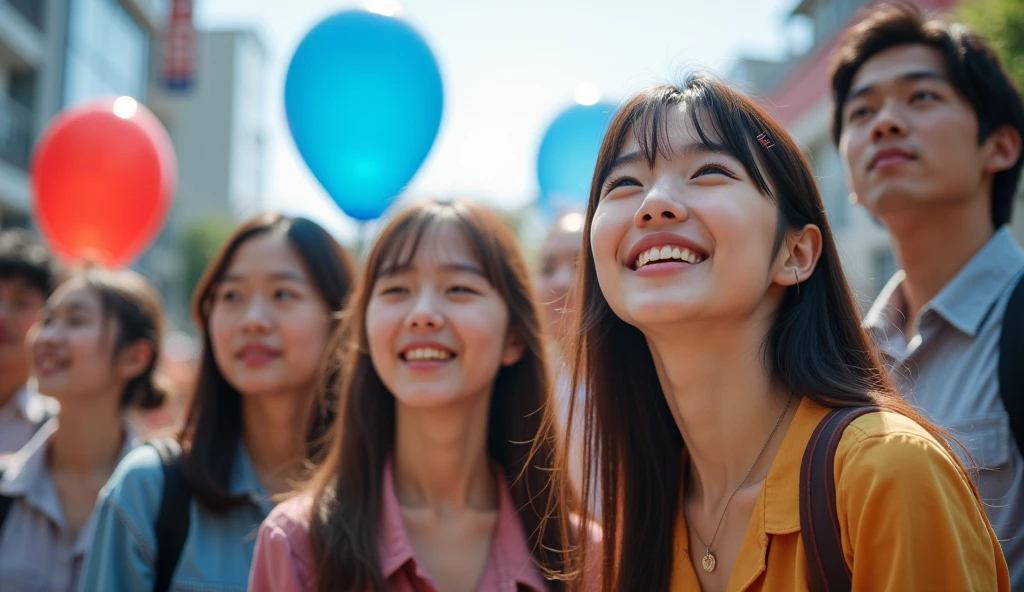 A group of fashionably dressed Japanese male and female college students are gazing into the distance with cheerful expressions in a square,Excited, Photo of your face, Blue and red balloons floating in the background, with a natural look, With a slightly tired look, tilt your face a little, Diagonal orientation, Average face