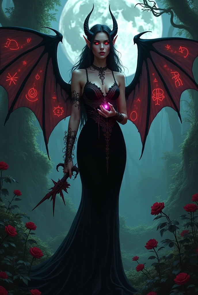 In the depths of a shadowy, ancient jungle, bathed in the eerie silver light of the moon, stands a mesmerizing elven woman with an otherworldly allure. Her tall, slender frame is adorned with pointed ears, and her long, raven-black hair cascades over her bare shoulders, accentuating the sharp, angular features of her face. Her eyes glow with an ominous, red light, revealing her dark intentions. She wears a tight, black velvet gown that clings to her lithe body, adorned with intricate lace and ancient runes. Along her arms and back, glowing, crimson tattoos in the shape of elven symbols pulse with demonic energy, illuminating her pale, porcelain skin, Her lips, stained a deep shade of crimson, curl into a wicked smile as she cradles an obsidian artifact, exuding a seductive, violet aura. Dark, bat-like wings unfurl from her back, casting long shadows on the ground. Encircling her are arcane symbols, drawn with blood, which glow in sync with her tattoos. Tendrils of dark energy weave through the air, summoning shadowy, demonic spirits that bow to her will. The twisting vines and black roses at her feet seem to wilt in her presence, as the haunting whispers of the jungle blend with the guttural chants of otherworldly entities, amplifying the dark, gothic, and demonic essence of her ritual