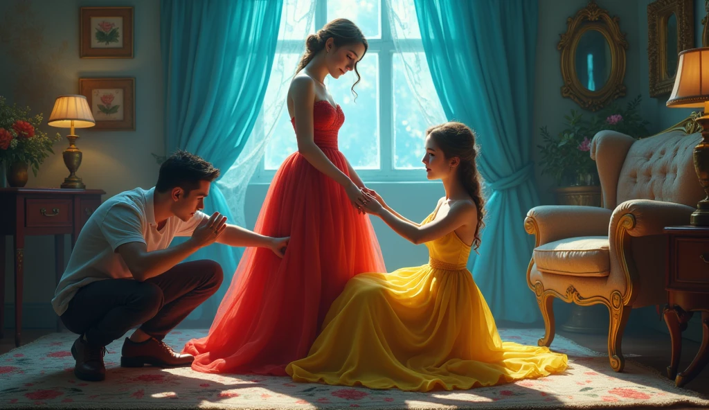 Two grown up girls, 20 years old, One person wears yellow, the other wears red., The girl in red is standing.,The girl in the yellow dress tries to put on her shoes while a man puts them on for her.,Cinderella Blue Party, house background