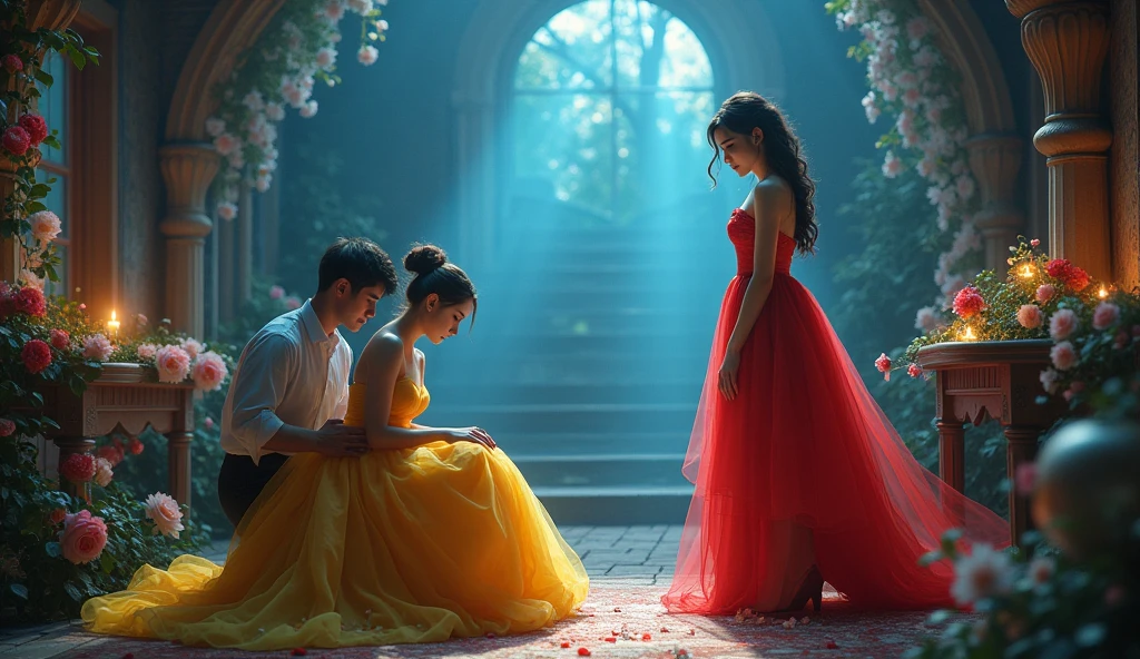 Two grown up girls, 20 years old, One person wears yellow, the other wears red., The girl in red is standing.,The girl in the yellow dress tries to put on her shoes while a man puts them on for her.,Cinderella Blue Party, house background