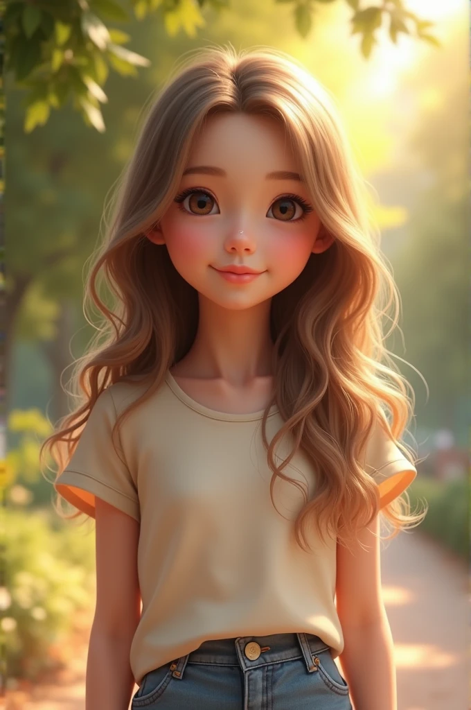 "A photorealistic image of a cute  girl with soft, youthful features. She has big, expressive eyes with long eyelashes, a small button nose, and a gentle smile. Her skin is smooth and flawless, with a natural glow. She has long, flowing hair that is slightly wavy, in a natural brown or blonde shade. She is wearing a casual, stylish outfit—a light-colored top and a skirt or jeans—standing in a well-lit, outdoor setting like a park or garden. The background is softly blurred to keep the focus on her face, giving the image a warm, inviting atmosphere."