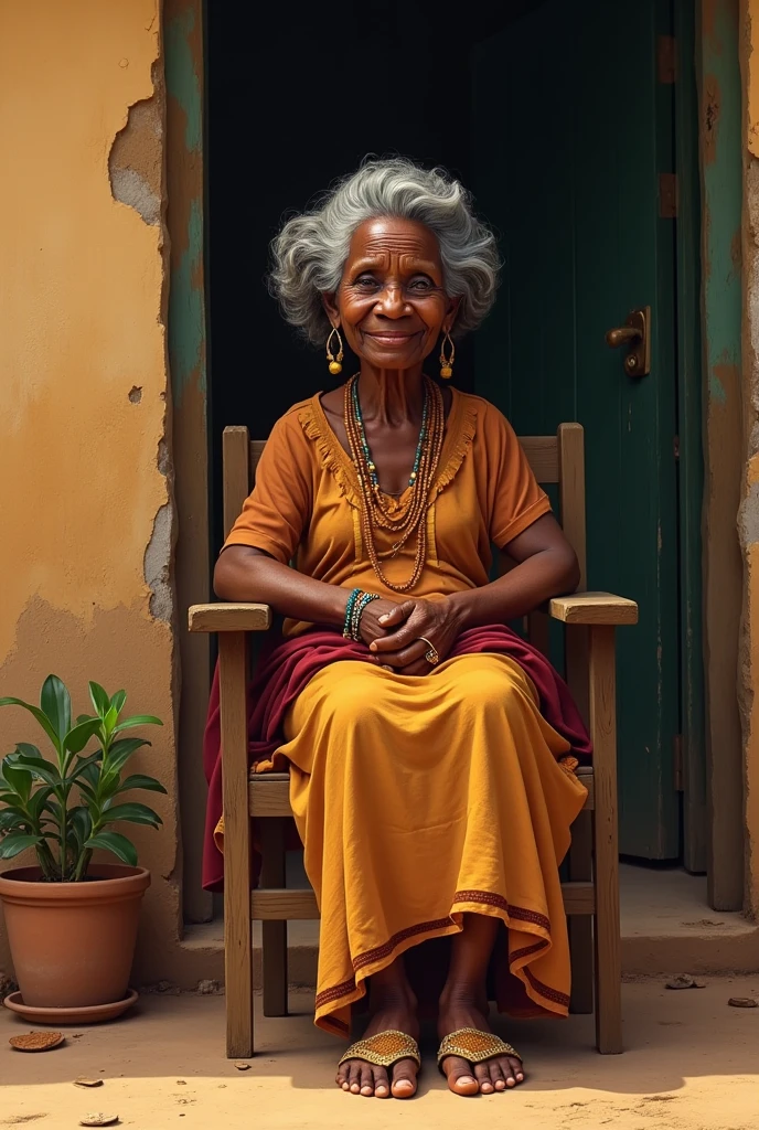 Créer moi l'image d'un veille dame africaine assis sur une chaise et portant une paire de lunette