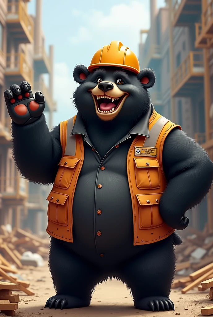 A happy black adult bear showing teeth and raising paw with attitude, as construction contractor , with name badge “Kalu Thekedaar”