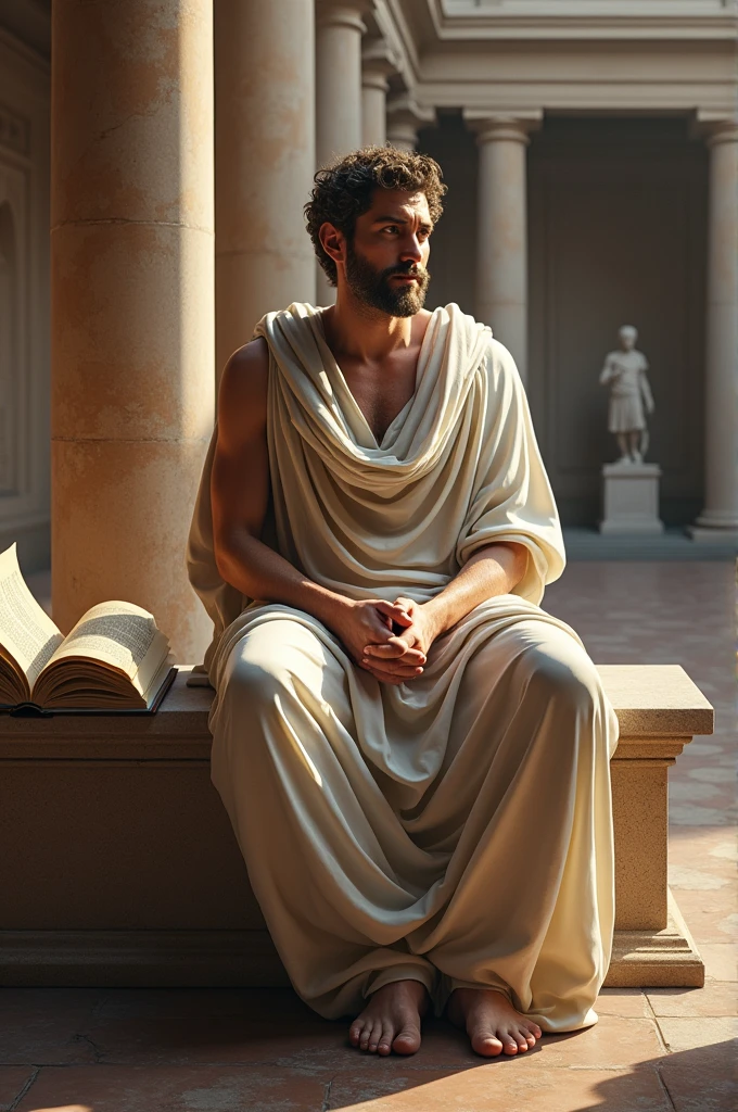 "A realistic and detailed portrait of Marcus Aurelius, the Roman Emperor and Stoic philosopher. He is shown wearing a toga, with a contemplative expression, sitting on a marble bench in a serene Roman courtyard. Surrounding him are scrolls, an open book, and symbols of ancient Rome like columns and statues. The background features a warm, soft light, creating a tranquil atmosphere that highlights his wisdom and inner strength. The overall image should convey a sense of calm, reflection, and timeless philosophical insight."