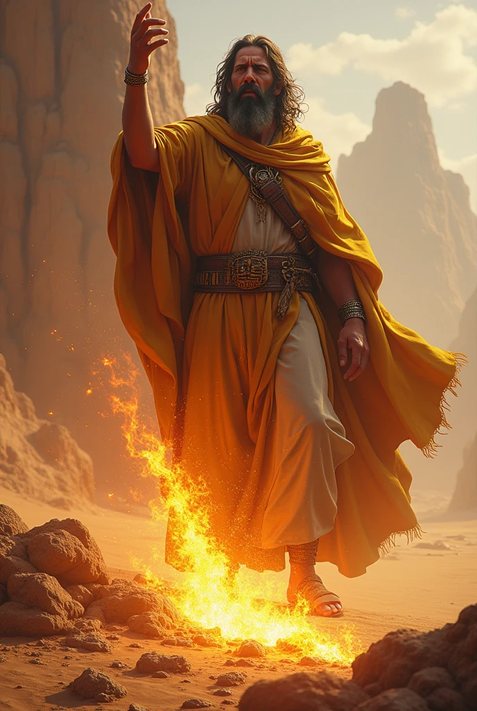 (photorealism:1.2), Moses, destroying the gold calf ,in the desert, with fire, with the law of God