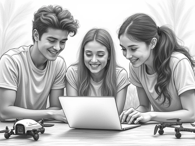 1 male student, 2 female students, MacBook, self-driving car, Drones, experiment, happy expression, Natural and Difficult Classroom Background, pencil sketch