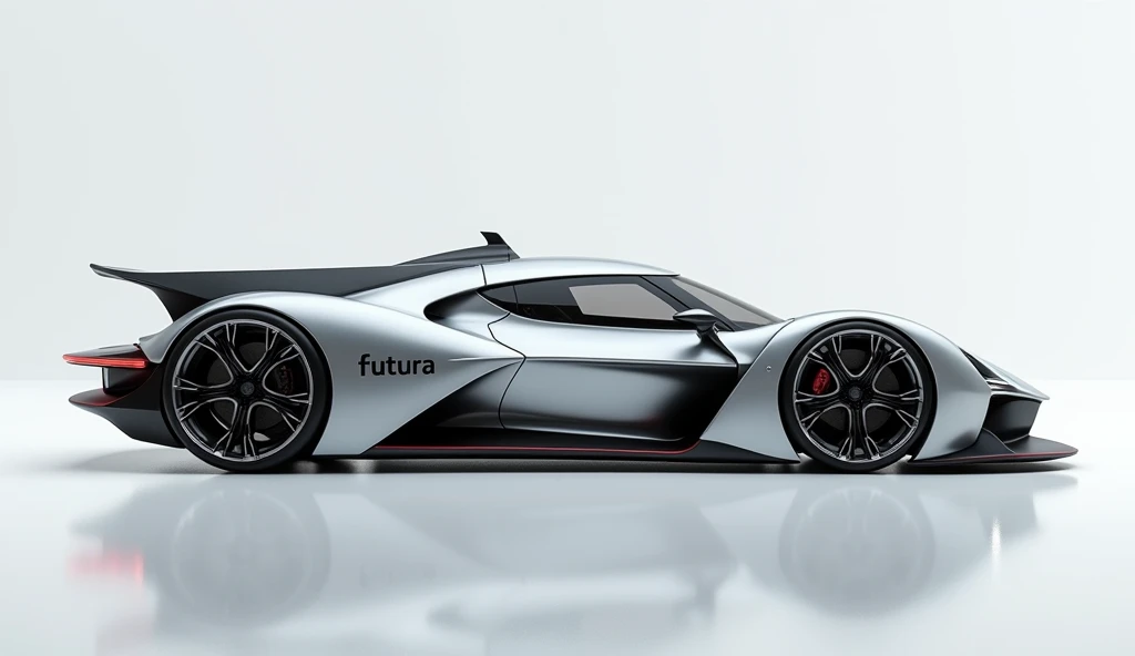 Shoot the car from, on at eye level, get 3 side views, and capture shots at 45-degree angle views of each corner of the car concept full body 150 degree to the camera view, hyper car classy model detailed symmetry, on the car there is written word: FUTURA black font, future technology inspired by formula 1 electric and fighter jet f 22, hyper realistic, pose half body to camera 35 mm 8k uhd with tunnig wide base wheels and one huge turbine in the rare center, metal silver mesh shot microscopic photography