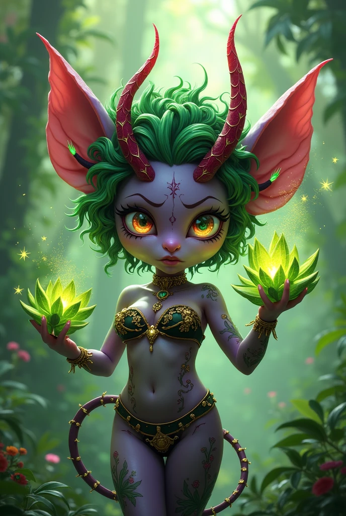 Prismatic coloration. Jungle like environment. A Short young Gremlin like Plant woman with a Deep purple skin tone. She has a gorgeous set of B-cup breasts, curvaceous hips, Slender Legs, & a round but small ass. She has short leaf green curly hair stopping at the top of her neck with various flowers growing within. She is wearing a revealing Black & Purple Bikini like armor exposing much of her chest area with Golden celestial designs. She wears an otherworldly royal Tiara on her head. She has a serious face with a sad frown & a stern gaze in her sharp Rainbow Glowing eyes with black sclera & a heavily freckled form. She has long sharp Transparent Crystal like Blood-Red Demonic horns radiating heavenly energy & a set of elegant Elven ears. She has long Ruby red vine like tattoos running all around her body accompanied by Crimson Star-like Tattoos running along them. She has a small cute deer like snout. She has large Crystal Golden Fairy-like wings with a starlike pattern. She is seen in a battle stance summoning verdant green Stardust magic from her fingertips. nsfw