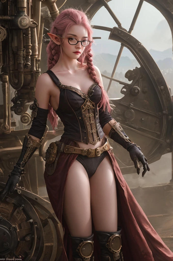 (Realisttic:1.2), analog photo style, Beautiful Elf woman, posing, with freckles and goggle glasses and long pink hair braided, (steampunk dark fantasy atmosphere), soft natural light, cute and sexy, great quality, Masterpiece, detailed strange background, better performance, 16k quality, RAW photo