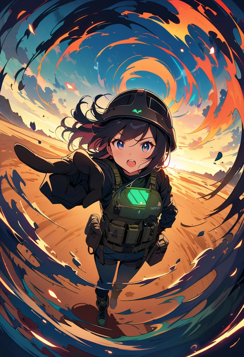 (masterpiece,quality:1.2),((Wide Angle,Long Shot:1.6)),Create a detailed cowboy shot in an illustrated anime style,Describe a,She wears black gloves and a helmet,Wearing tactical gear,Holding the Desert Eagle pistol with both hands,pointing at viewers,Focused eyes。Her outfit includes green boots,The scene is illuminated by blue lights,Adds a fantasy atmosphere。The image should capture the intricate details of her clothing and expressions,Emphasizes the warrior's energy and strength of character。It was amazing,