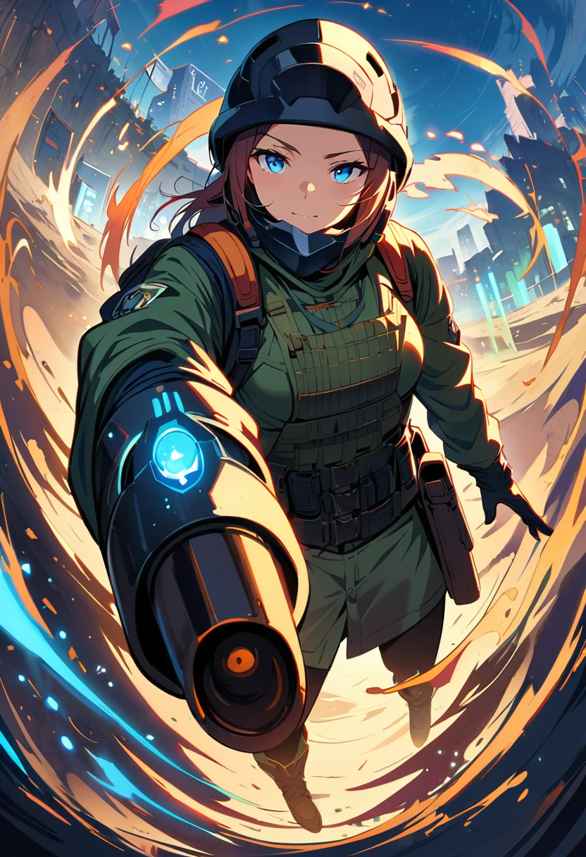 （masterpiece，quality：1.2），((Wide Angle，Long Shot:1.6))，Create a detailed cowboy shot in an illustrated anime style，Describe a，She wears black gloves and a helmet，Wearing tactical gear，Holding the Desert Eagle pistol with both hands，pointing at viewers，Focused eyes。Her outfit includes green boots，The scene is illuminated by blue lights，Adds a fantasy atmosphere。The image should capture the intricate details of her clothing and expressions，Emphasizes the warrior&#39;s energy and strength of character。It was amazing，