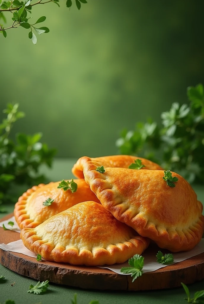 Advertising flyer for meat and chicken empanadas with a moss green background 