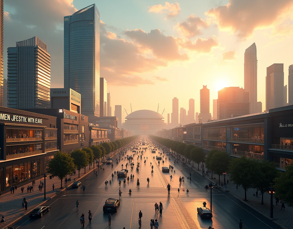 realistic city skyline, large shopping mall, commercial buildings, distant domed stadium, 8k, best quality, high resolution, intricate details, cinematic lighting, vibrant colors, photorealistic, masterpiece, ultra detailed, volumetric fog, dynamic composition, leading lines, symmetry, golden hour lighting, depth of field, ambient occlusion, ray tracing, 3D rendering