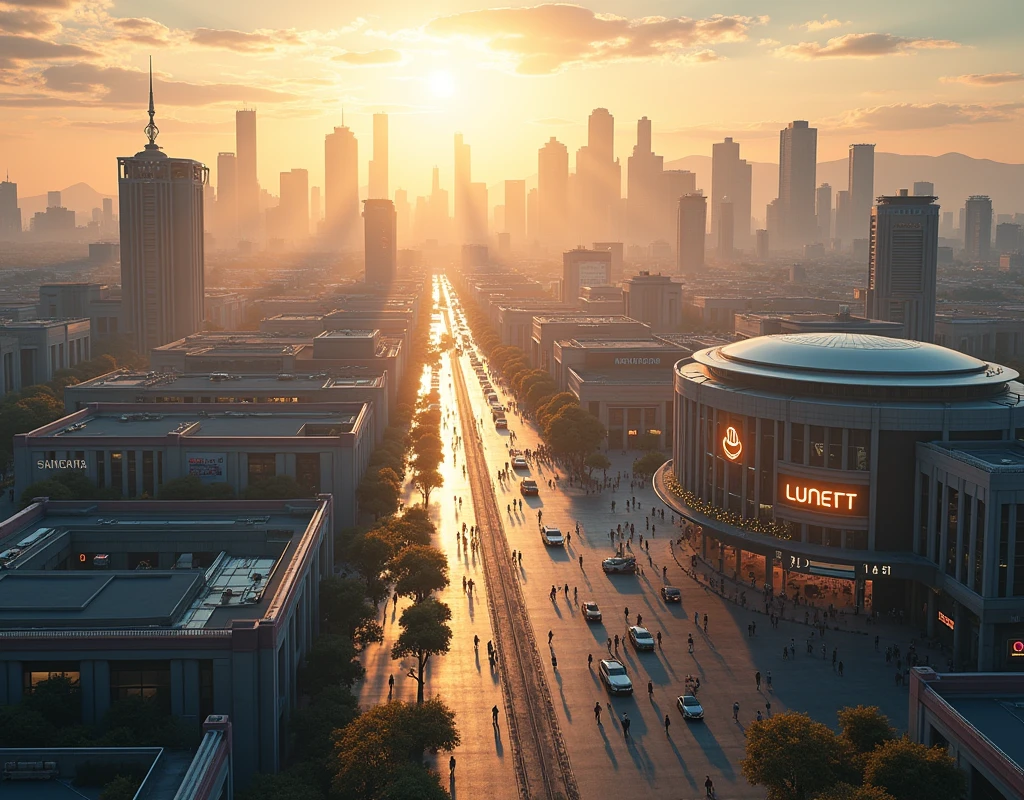 realistic city skyline, large shopping mall, commercial buildings, distant domed stadium, 8k, best quality, high resolution, intricate details, cinematic lighting, vibrant colors, photorealistic, masterpiece, ultra detailed, volumetric fog, dynamic composition, leading lines, symmetry, golden hour lighting, depth of field, ambient occlusion, ray tracing, 3D rendering