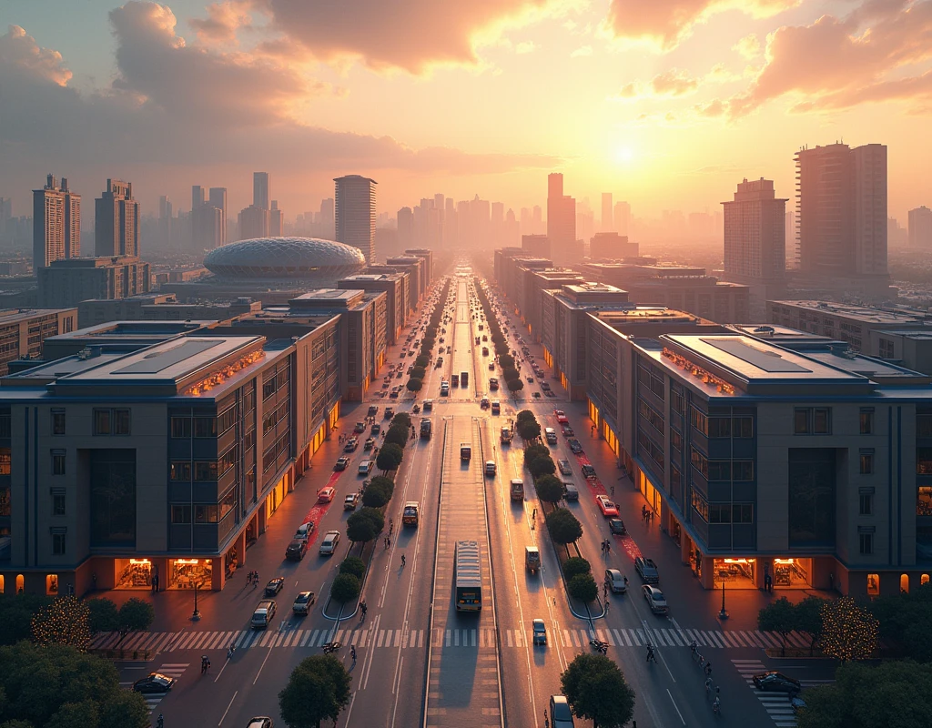 realistic city skyline, large shopping mall, commercial buildings, distant domed stadium, 8k, best quality, high resolution, intricate details, cinematic lighting, vibrant colors, photorealistic, masterpiece, ultra detailed, volumetric fog, dynamic composition, leading lines, symmetry, golden hour lighting, depth of field, ambient occlusion, ray tracing, 3D rendering