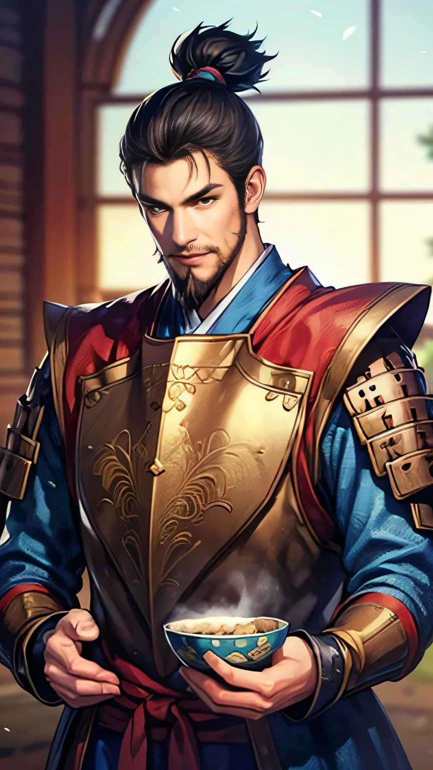 、Hyperrealist male portrait by David Hockney and Alphonse Mucha, fantasy art, realistic, dynamic lighting, Art Station, poster, volumetric lighting, highly detailed face, modest, cowboy shot, beautiful boy: 1.2, wild handsome man, (warrior: 1.3, armor, flashy jinbaori: 1.3, beard, topknot: 1.1, long black hair), one-handed gesture for silence: 1.3, fearless smile: 1.1, teasing, (right hand holding rice, left hand holding rice bowl)