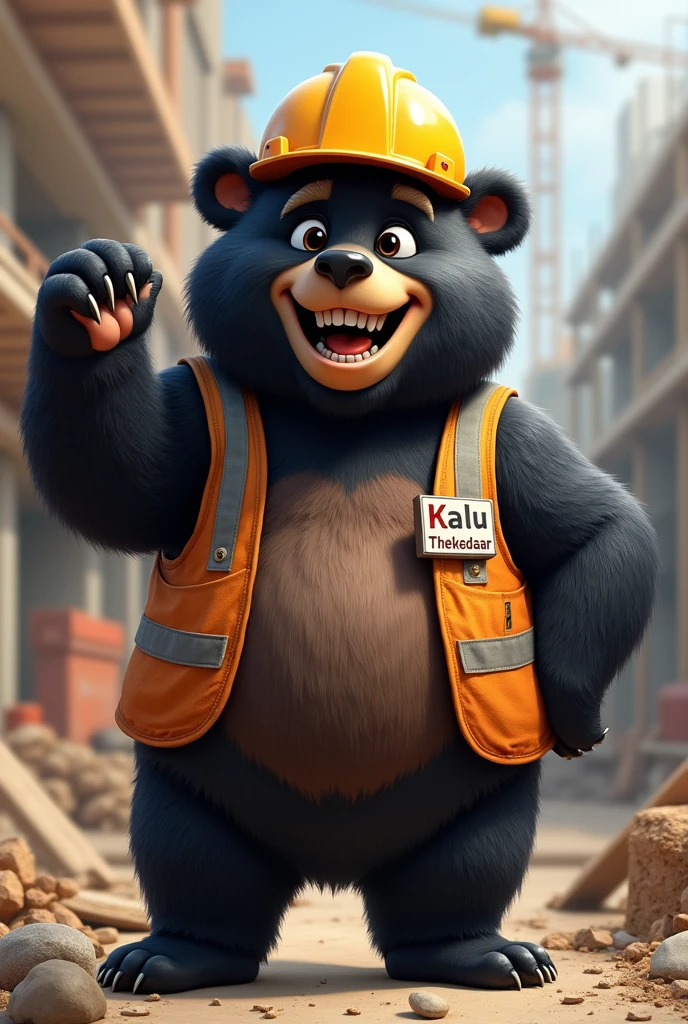 A happy black adult bear showing teeth and raising paw with attitude, as construction contractor , with name badge “Kalu Thekedaar”