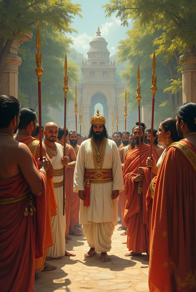 Background : Indus Valley civilization
1 man standing in the centre of the crowd having a goden crown,along with priests.
5 Men having warm ivory skin tone holding tridents.
5 beautiful women wearing high quality sarees..
