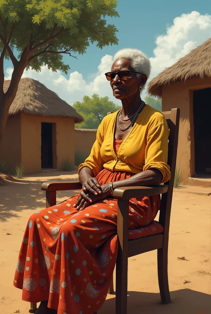 Créer moi l'image d'un veille dame africaine assis sur une chaise au village et portant une paire de lunette