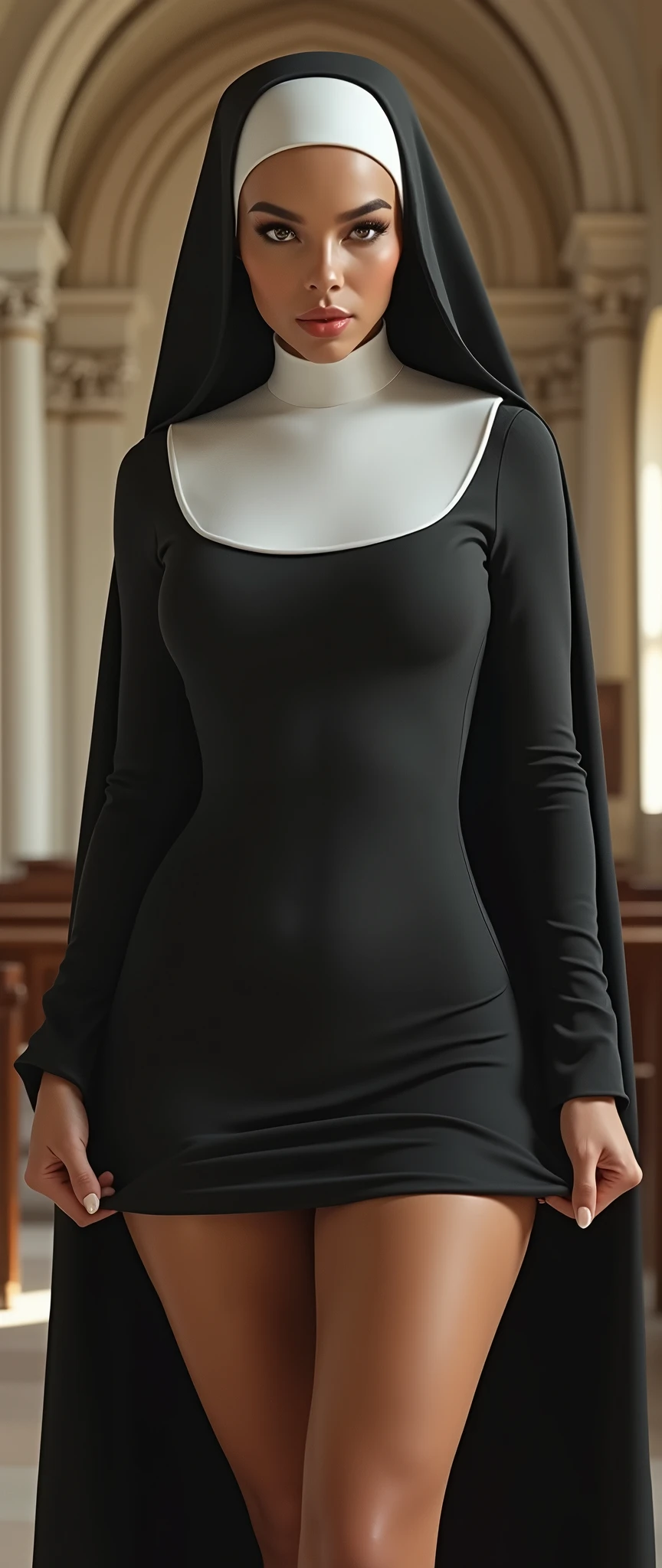 (masterpiece:1.2,Exceptional Quality,mirror-like,Cinematic Experience,Photorealistic:2.0,RAW Photos:2.0),8k,wallpaper,,(1 female,Beautiful Skin,Beautiful Face,,(Alluring face:2.0),front,Nuns,(超タイトなNunsの衣装),(Super tight short skirt:2.0),(Beautiful Church),(Super-functional:2.0),(Super sexy:2.0),(Super big breasts:2.0),(Super thick thighs:2.0),(Beautiful female hands:2.0),(Detailed Female Hands:2.0),(She lifts her skirt to show off her sexy beige panties:2.0),(dynamic:2.0)