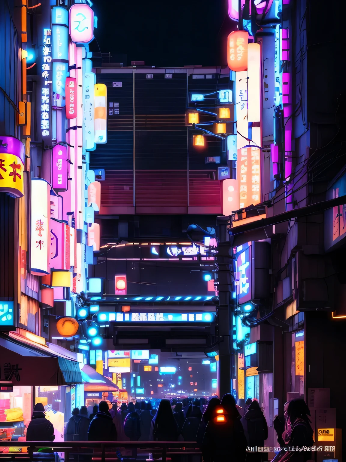 night,Neon lights flashing on the busy city streets,The flow of people。,One third of the sky leaks out,Neon Tokyo, Cyberpunk streets of Japan, Japanese neon lights, Downtown Japan, Neon lights of the city, Future Cyberpunk Tokyo Night, Neon lights above the store, Tokyo is futuristic and clean, Japanese cities at night, Tokyo night, city neon light, Bright neon lights in the city, Neon lights everywhere