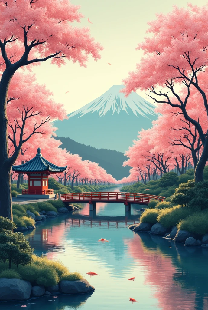 (digital painting), (best quality), serene japanese garden, cherry blossoms, koi pond, pedestrian bridge, pagoda, mount fuji, ukiyo-e art style, hokusai inspiration, deviant art pop, 8k hyper realistic, soft color scheme, soft lighting, golden hour, tranquil atmosphere, landscape orientation