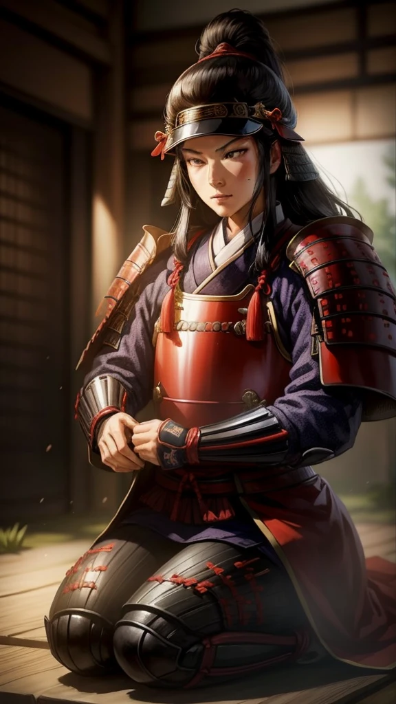 「Battlefields of the Warring States Period、wood々Oda Nobunaga relieving himself in the。Nobunaga was wearing light armor.、She is kneeling and looking relaxed。In the background, the sounds of battle can be heard in the distance.、草woodに囲まれた自然の風景。」