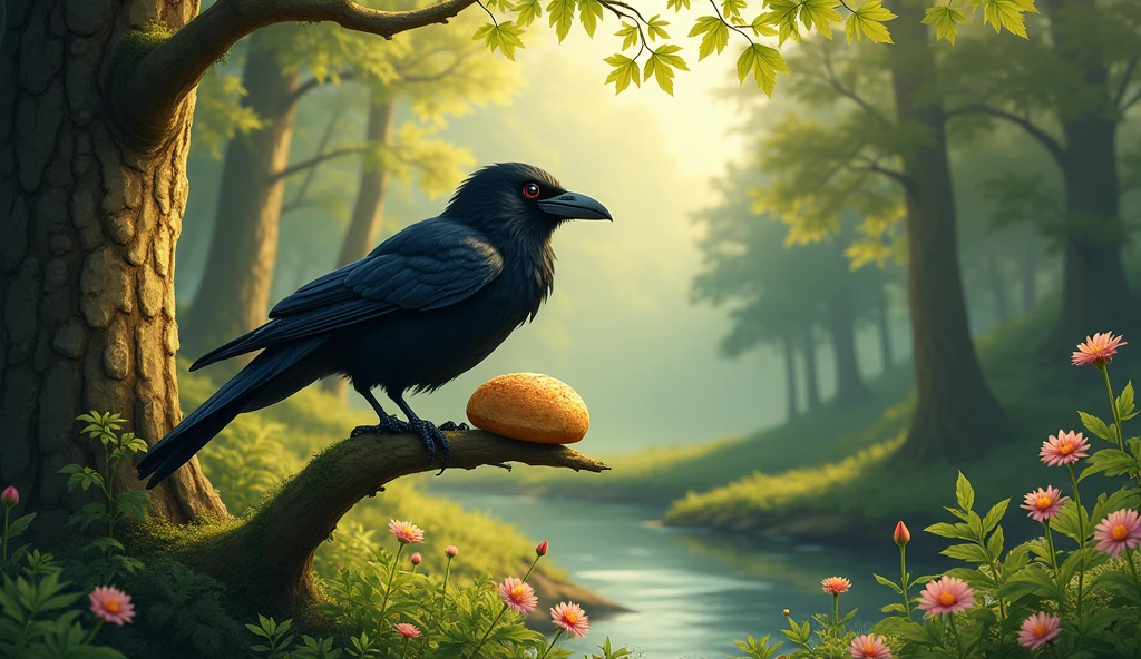 End scene: A relaxing scene where a crow is sitting on a tree eating its bread and enjoying the peaceful environment of the forest.