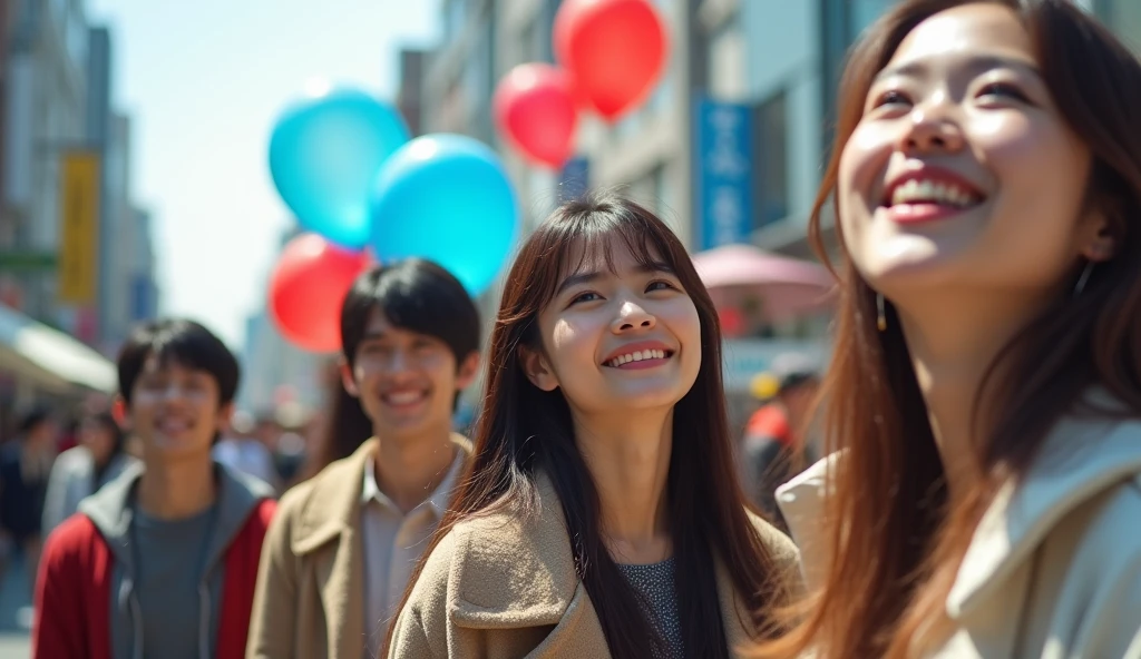 A group of fashionably dressed Japanese male and female college students are gazing into the distance with cheerful expressions in a square,Excited, Photo of your face, Blue and red balloons floating in the background, with a natural look, With a slightly tired look, tilt your face a little, Diagonal orientation, Average face