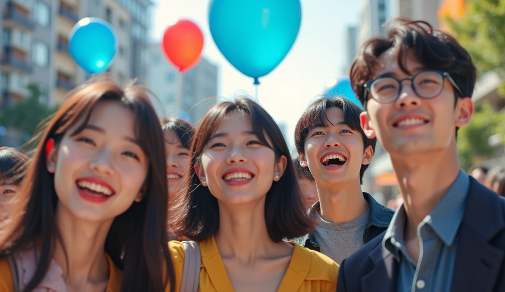 A group of fashionably dressed Japanese male and female college students are gazing into the distance with cheerful expressions in a square,Excited, Photo of your face, Blue and red balloons floating in the background, with a natural look, With a slightly tired look, tilt your face a little, Diagonal orientation, Average face