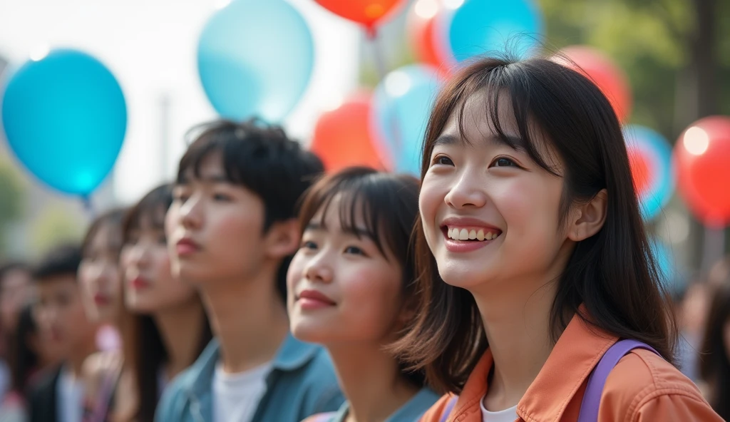 A group of fashionably dressed Japanese male and female college students are gazing into the distance with cheerful expressions in a square,Excited, Photo of your face, Blue and red balloons floating in the background, with a natural look, With a slightly tired look, tilt your face a little, Diagonal orientation, Average face
