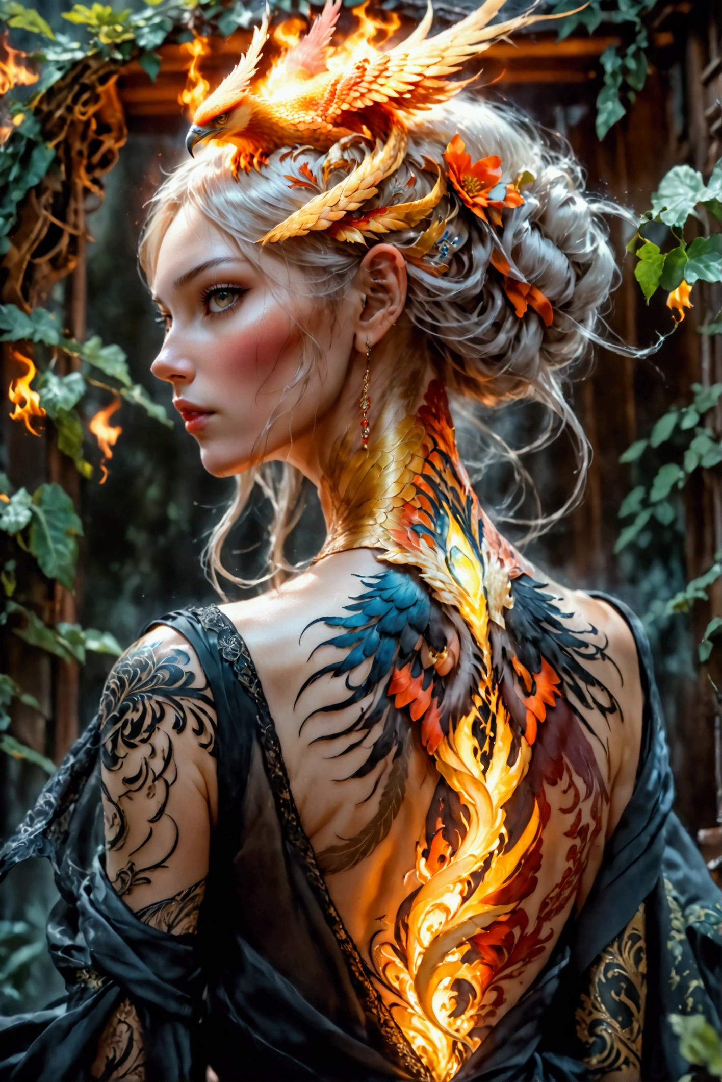 watercolor art, fantasy art, goth art, a picture of a tattoo on the back of a female elf, a glowing tattoo of a ((phoenix: 1.3)) on the elf's back, the ((phoenix tattoo)) is vivid, intricate detailed coming to life from the ink to real life, ((fire surrounds the phoenix: 1.5)), shoot taken from the back, ((the back is visible: 1.3), a most beautiful elf, exquisite beauty, small pointed ears, long hair, she wears a transparent black dress, the dress is elegant, flowing, elven style, that the tattoos glow, dynamic hair color, dynamic hair style, cinematic light, High Detail, Ultra High Quality, High Resolution, 16K Resolution, Ultra HD Pictures, 3D rendering Ultra Realistic, Clear Details, Realistic Detail, Ultra High Definition,Comistyle, faize, art by mooncryptowow