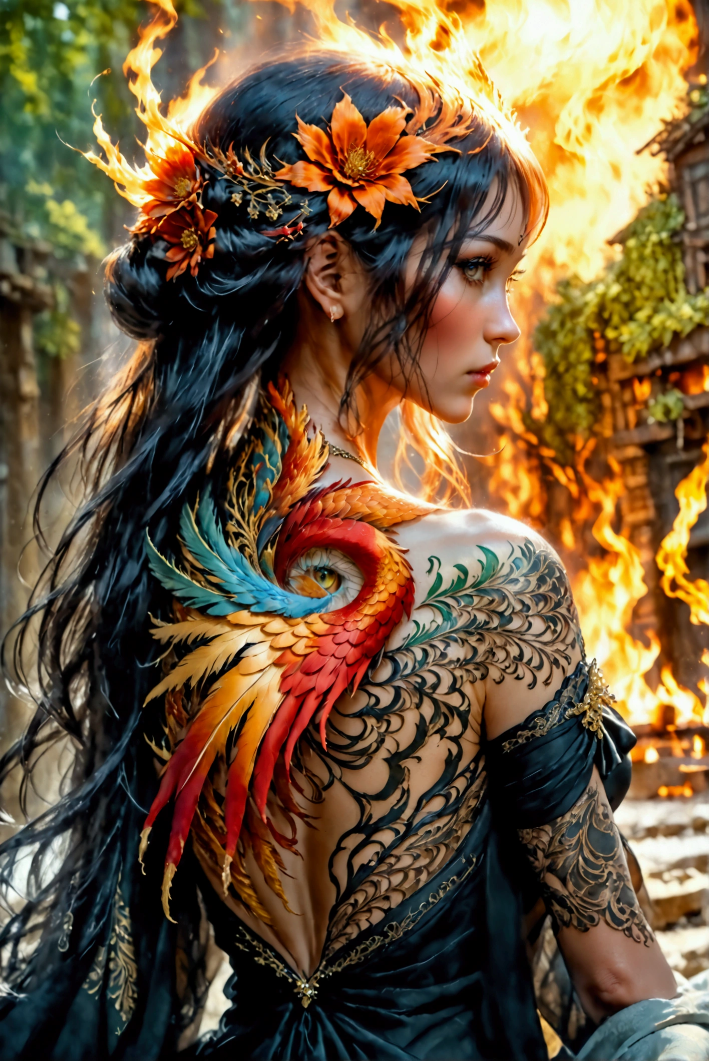 watercolor art, fantasy art, goth art, a picture of a tattoo on the back of a female elf, a glowing tattoo of a ((phoenix: 1.3)) on the elf's back, the ((phoenix tattoo)) is vivid, intricate detailed coming to life from the ink to real life, ((fire surrounds the phoenix: 1.5)), shoot taken from the back, ((the back is visible: 1.3), a most beautiful elf, exquisite beauty, small pointed ears, long hair, she wears a transparent black dress, the dress is elegant, flowing, elven style, that the tattoos glow, dynamic hair color, dynamic hair style, cinematic light, High Detail, Ultra High Quality, High Resolution, 16K Resolution, Ultra HD Pictures, 3D rendering Ultra Realistic, Clear Details, Realistic Detail, Ultra High Definition,Comistyle, faize, art by mooncryptowow