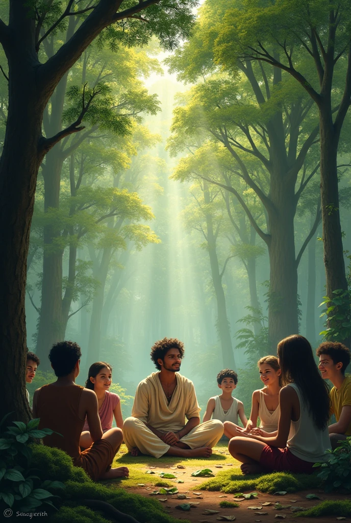 A young bramhana guy sat on the ground in the middle of the forest and surrounding people also sat on that ground ,the young guy story teller other people's are listeners