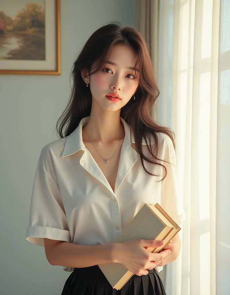 Young Korean idol,Natural Light, Dynamic, Highly Detailed,Artstation, Concept Art, Smooth and Crisp, Sharp Focus, Illustration, ((Young, Beautiful)), 2, angelic face, wearing plain white short-sleeve open shirt with no bra and black pleated skirt, holding books in her arms, she looks pure and tender and innocent, her narrowing smiling eyes show her kindness, her expression comforts the viewer and provides joy and bright feeling and make a beautiful day, she makes us for get worries and drives away anxiety, full of positive vibe and energy
